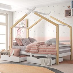 Merax Kids Single Bed with 2 Drawers, 3FT Kids Wooden Bed with Storage, Single Bed with Slatted Frame, Solid Pine Wood House Tree Canopy Bed for Children, White & Natural, 90x190 cm (No Mattress)