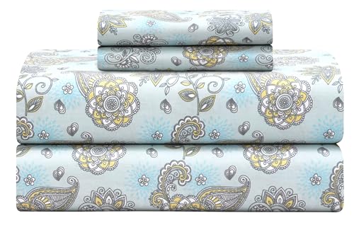 "Feather & Stitch Softest 100% Cotton Sheets, 4 Pc Set, 300 Thread Count Percale Weave Bedding, 16"" Deep Pocket, Cooling Sheets, Breathable Bed Set (King, Sheet Sets, Aqua Paisley)"