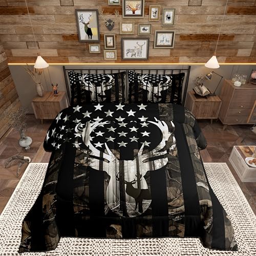 Castle Fairy Camouflage USA Flag Quilt Set Full Size, Gray Camo Deer Antlers and Trees Print Natural Comforter Set for Girls Teens Man Present, American Flag Ultra Soft Bedding Set with 2 Pillowcases