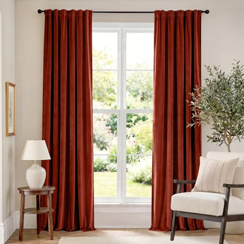"Lazzzy Velvet Blackout Curtains Thermal Insulated Room Window Drapes Super Soft Luxury Curtains for Living Room Bedroom Rod Pocket 2 Panels, Rust Red, 52"" W x 102"" L"