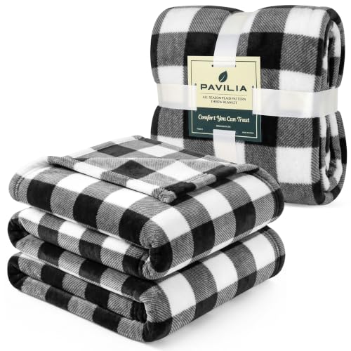 Pavilia Black and White Buffalo Plaid Fleece Bed Blanket King Size, Soft Checkered Flannel Couch Throw, Warm Cozy Decorative Fall Gift, 90x90