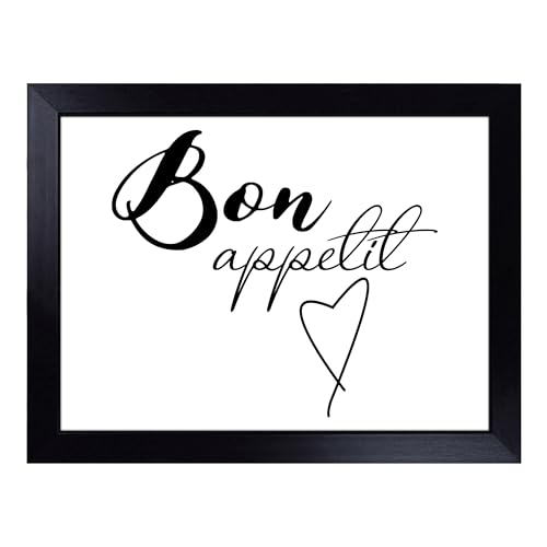 Lap Tray with Bean Bag Cushion, Bon Appetit Typography Quote - Handmade in the UK, Raised Wooden Edge, Padded Cushion, Heat-Resistant Wipe-Clean Surface, for Meals, Laptops and Crafts