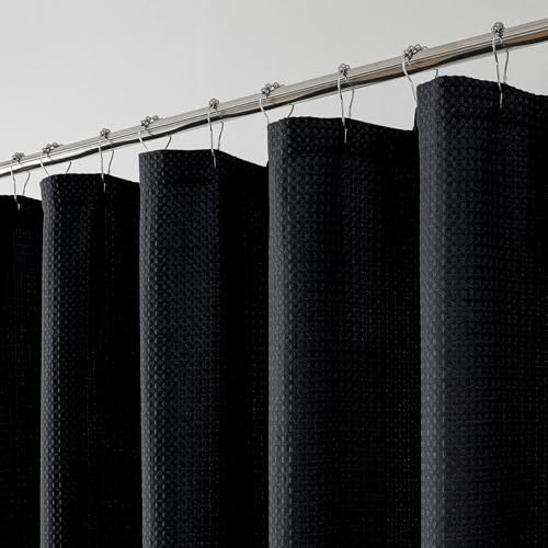 OWENIE Black Shower Curtain, Waffle Weave Heavy Fabric Shower Curtain for Bathroom, Waterproof Thick Textured 420G/M Soft Elegant Luxury Hotel Spa Bath Curtains, Machine Washable, Black, 72W x 72L