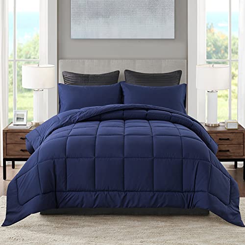 "DOWNCOOL Queen Comforter Set -All Season Bedding Comforters Sets with 2 Pillow Cases -3 Pieces Bedding Sets Queen -Down Alternative Navy Comforter Set for Queen Size Bed(88""x92"")"