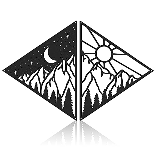 Peryiter 2 Pcs Sun and Moon Wall Decor Metal Wall Art Mountain Forest Triangle Decor Modern Line Hanging Gifts Decorations for Bathroom Living Room Kitchen Farmhouse Yard Indoor Outdoor
