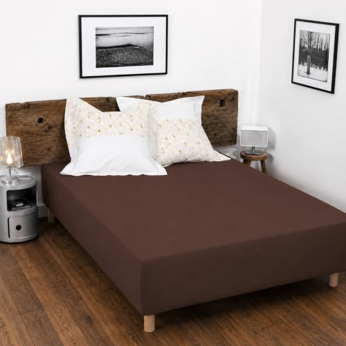 100% Cotton Fitted Sheet – 57 Thread Count – Size 180 x 200 cm – Chocolate – 35 cm Deep Weave – Soft, Breathable, Washable