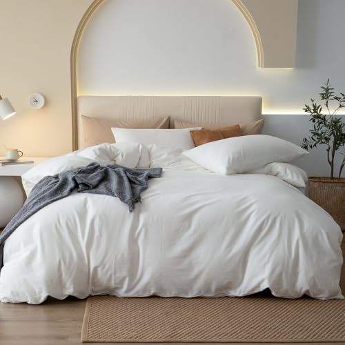 JIYUAN 100% Washed Cotton Duvet Cover Set 2 Pieces Twin, 1 Duvet Cover 68x90 Inches(Comforter Not Included) and 1 Pillowcases,Linen Feel Bedding Set Comfy and Breathable,Off White