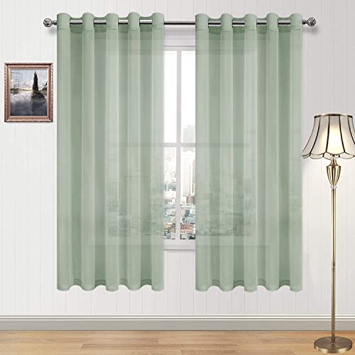 DWCN Bean Green Sheer Curtains for Living Room Bedroom - Faux Linen Look Voile Drapes Grommet Top Window Curtain Panel 60 x 63 Inch Length, Set of 2 Panels