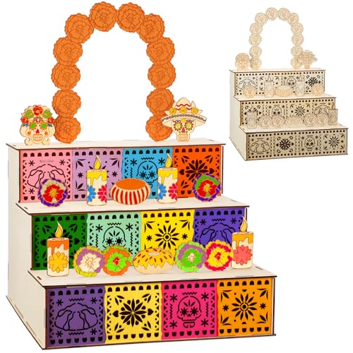 Wonderjune Dia De Los Muertos Decoration Dia De Los Muertos Ofrenda Altar Kit Wooden Day of The Dead Shadow Box Remembrance Picture Frame for Day of The Dead Home Kitchen Room Decoration(Elegant)