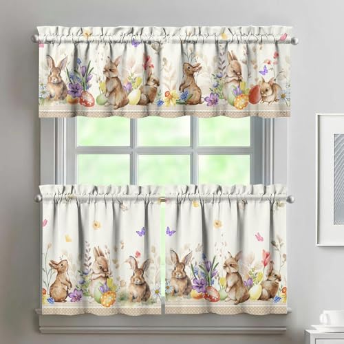 qwpmvhsak Easter Curtains 3 Piece Set, Spring Easter Bunny Floral Kitchen Decorations for Home Interior, Farmhouse Kitchen Curtains and Valance Set 24 Inch Short Curtain Sink Window Decor