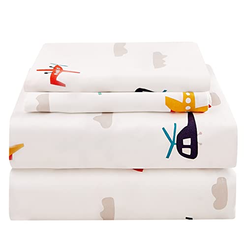 JSD Airplane Printed Twin Sheet Set for Kids Boys, 3 Piece Soft Microfiber Bed Sheets Deep Pocket