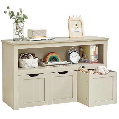VASAGLE Toy Storage Unit With Wheels, 30 x 102 x 60 cm, Kids Bookcase, 3 Drawers, for Living Room, Children's Room, Playroom,Sand Beige LHS380LH01