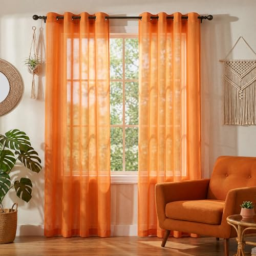 KOUFALL Curtains for Living Room 96 Inch 2 Panel Set,Grommet Sheer Curtains for Bedroom Dining Room,Pumpkin Orange