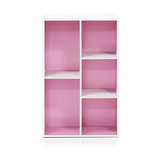 Furinno LUDER Book Shelf, 5-Cube Bookshelf, Reversible Bookcase, 23.9 x 49.53 x 80 cm, for Living Room, Bedroom, Home Office, White/Pink