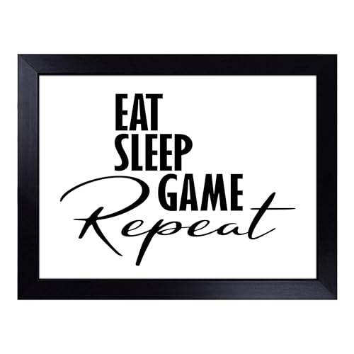 Lap Tray with Bean Bag Cushion, Eat Sleep Game Repeat Typography Quote - Handmade in the UK, Raised Wooden Edge, Padded Cushion, Heat-Resistant Wipe-Clean Surface, for Meals, Laptops and Crafts