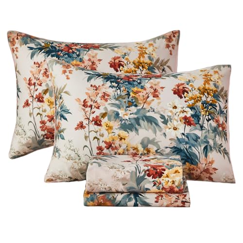 URBONUR 100% Cotton Sheets Set King Size, 4 Pieces, Soft & Breathable Sateen Weave Bedding, Wildflowers Floral Bed Sheet, Silky Smooth Deep Pocket