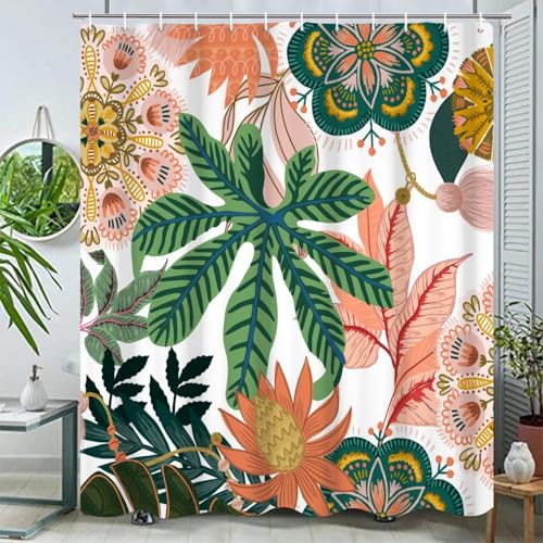 Umpoo Boho Floral Bathroom Shower Curtain - Tropical Green Leaves, Pink Flowers - Waterproof Polyester Fabric - Mid Century Modern Home Decorative, 60x72 Inch
