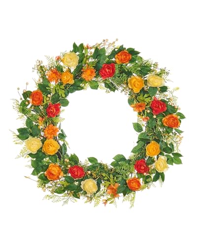 WeRChristmas Artificial Spring Rose Wreath, Orange, 28 Inch