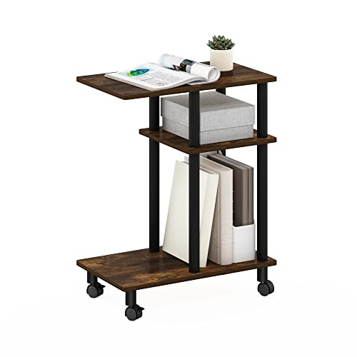 Furinno TURN-N-TUBE Side Table, 3-Tier C-Shape End Table with Wheels, Toolless Assembly Night Stand, Bedside Table with Open Shelf, for Living Room, Bedroom, Amber Pine/Black