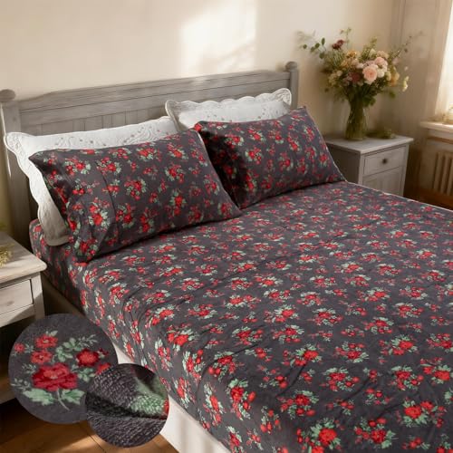 MAG 3Pcs Red Floral Queen Fleece-Flannel,Flower Queen Sheet Set,Super Soft Fluffy Warm Microfiber for Women Men,with 1*Fitted Sheet + 2*Pillowcases.
