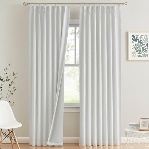 "Vision Home White Pinch Pleated Full Blackout Curtains Thermal Insulated Window Curtains 84 inch for Living Room Bedroom Room Darkening Pinch Pleat Drapes with Hooks Back Tab 2 Panel 40"" Wx84 L"