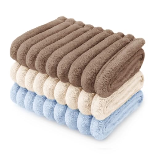 LINENLUX 1 Pack 3 Fleece Dog Blanket Soft Warm Cat Brown/White/Blue Small - Ultra-soft 3D cut pile fleece machine wash cold, low heat dry furniture protector for dogs, cats, and puppies.