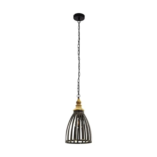 EGLO Pendant Light Oldcastle, 1-Light Hanging Lamp Industrial, Vintage, Retro, Suspension Lamp made of Steel and Wood in Black and Brown, Dining Table Lamp, Living Room Lamp with E27 Socket, Ø 25.5 cm