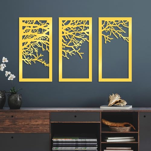 Elegant Gold Decorative Metal Wall Accessory (3 Pieces), 36 x 70 cm - Durable 1.5 mm Metal Body - Perfect for Modern Home Decor & Stylish Interiors