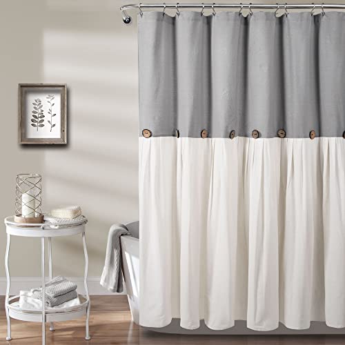 "Lush Decor Linen Button Shower Curtain, 72"" x 72"", Gray & White"