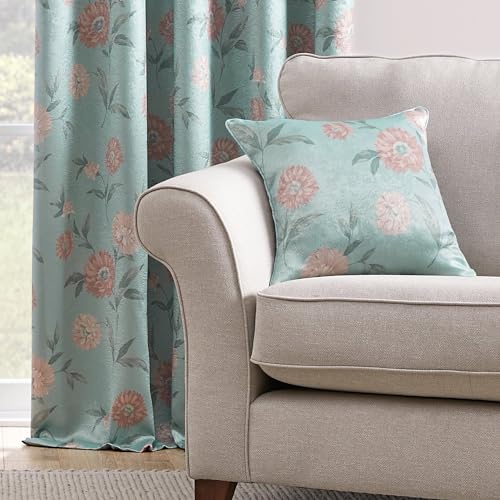 Dreams & Drapes - Duck Egg Floral Cushion (43 x 43cm) - Filling Included - Piped Edge - Pink Flowers - Vintage Cushion in Duck Egg with Cover Included/Cushion Insert - Matching Curtains Available