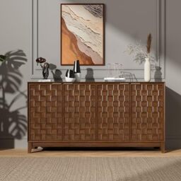 COLAMY Sideboard Cabinet, Wooden Sideboard Cabinet with 4 Doors, Textured Design, Adjustable Shelves, Soft Close Hinges, Durable Storage Cabinet Cupboard for Living Room Kitchen Hallway,Walnut
