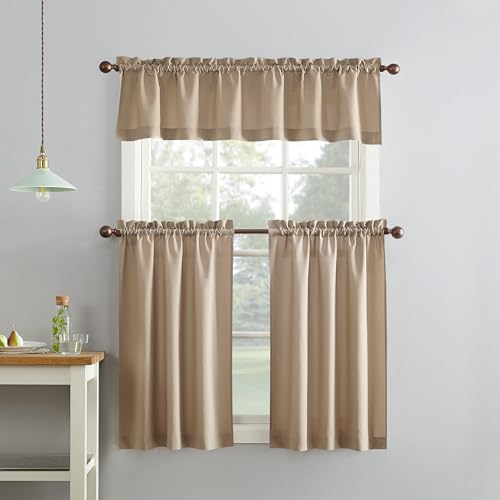 "No. 918 Martine Microfiber Semi-Sheer Rod Pocket Kitchen Curtain Valance and Tiers Set, 54"" x 36"", Taupe"
