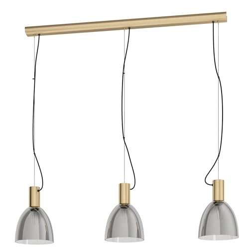 Eglo Pendant Light Lebalio, 3-Light Hanging Lamp Vintage, Suspension Lamp in Burnished Steel and Smoke Glass, Dining Table Light, Hanging Living Room Lamp with E27 Socket, L 112.5 cm