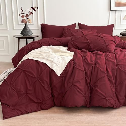 Maple&Stone Burgundy Comforter Set Queen 7 Pieces Pintuck Bed in a Bag - Elegant Pinch Pleat Bedding, Soft All Season Complete 7 Piece Includes Comforter, Sheets, Pillowcases & Shams