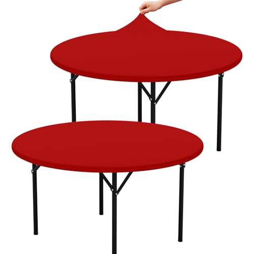 "misaya 2 Packs Round Spandex Tablecloths, Stretch Elastic Tablecloth Cover Fitted for 45""-56"" Round Tables, Waterproof Polyester Washable Table Cloth for Dining, Party, Outdoor and Indoor, Red"