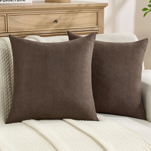 FUTEI Pack of 2 Chenille Throw Pillow Covers 16x16 Inch, Dark Coffee - Elegant Herringbone Textured Design,Side Hidden Zipper,Machine Washable,Pill-Resistant,Colorfast,Insert Not Included.