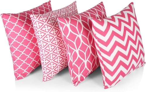 Penguin Home Set of 4 100% Slub Cotton Fabric Cushion Covers 45cm x 45cm Double Sided Square Pillow Covers with Invisible Zipper Pillow Cases for Living Room, Bedroom, Sofa (Pink)