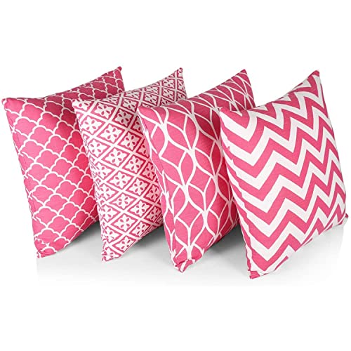 Penguin Home Set of 4 100% Slub Cotton Fabric Cushion Covers 45cm x 45cm Double Sided Square Pillow Covers with Invisible Zipper Pillow Cases for Living Room, Bedroom, Sofa (Pink)