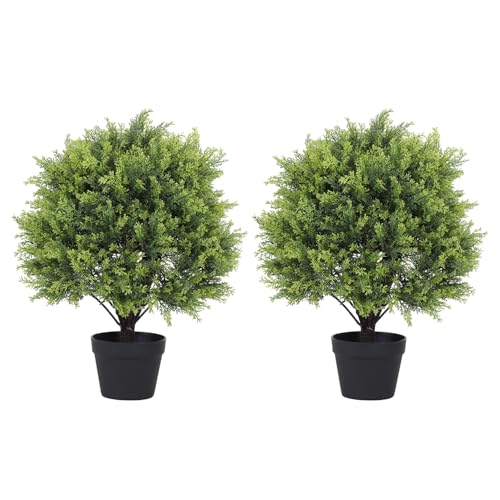 "I.C.ELAINE 24"" Topiary Trees Artificial Outdoor Set of 2, UV Resistant Cedar Fake Potted Plants, 2ft Tall Faux Bushes and Shrubs for Front Porch Patio Planter Outside Decor"