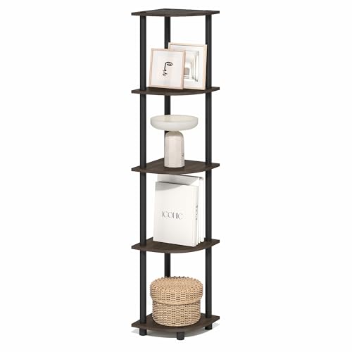 Furinno TURN-N-TUBE Corner Shelf, 5-Tier Corner Bookshelf, Open Storage Shelves, for Organization and Storage, Living Room, Home Office, Garage, Bedroom, Brown Grain