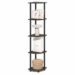 Furinno TURN-N-TUBE Corner Shelf, 5-Tier Corner Bookshelf, Open Storage Shelves, for Organization and Storage, Living Room, Home Office, Garage, Bedroom, Brown Grain