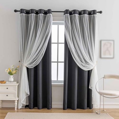 indistar Home Blackout Curtains Double Layer Solid Sheer Grommet Top Window Curtain Panel Pair, 52Wx120L,Black