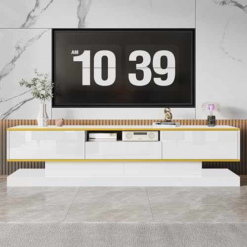 Ball & Cast TV Stand Cabinet, White TV Unit Storage Cabinet with 3 Drawers and Open Compartment, high-gloss finish, gold accents, and color-changing LED lighting, 180 * 38 * 45cm