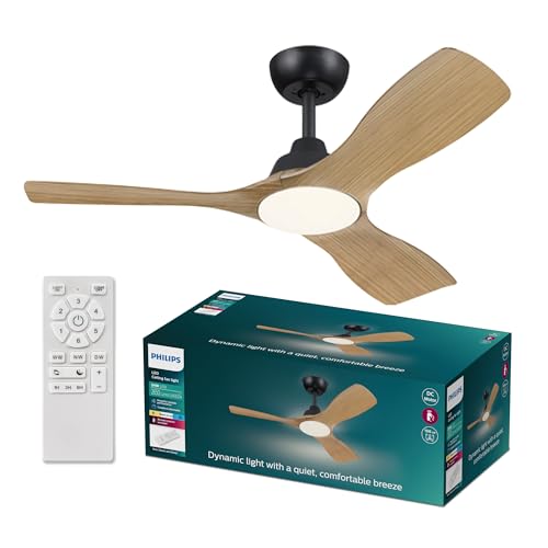 "Philips Olas Ceiling Fan, 3 Blades, 24W LED Light, DC Motor, Color Temperature Range (3000K-4300K-6500K) with Dimmable Function, Remote Included, 42"", Black and Wood"