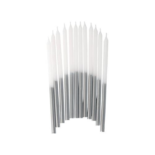 Talking Tables - Pack of 12 White and Silver Birthday Candles with Holders - Long & Tall 12cm - Cake Decorations for Birthday, Wedding, Anniversary