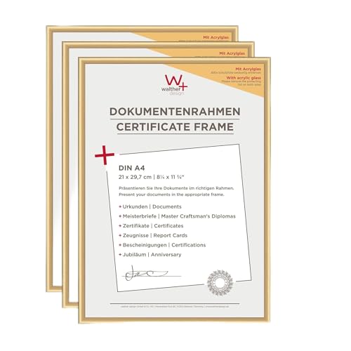 walther Design Picture Frame Gold 21 x 29,7 cm (DIN A4) with Art Glass 5-Pack, New Lifestyle Plastic Frame KVX130G5
