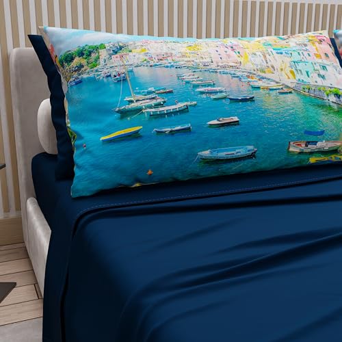 PETTI Artigiani Italiani - Cotton Sheets with Pillowcases in Digital Print, Single Sheet, Complete Bed Set with Procida Pattern Night Blue, 100% Made in Italy