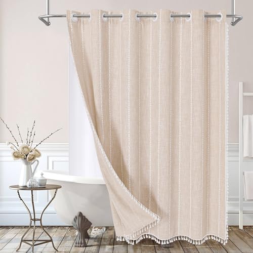 MitoVilla No Hooks Required Boho Farmhouse Shower Curtain with Snap-in Liner, Cotton Linen Fabric Shower Curtains with Tassels for Rustic Neutral Bathroom Decor, Beige/Cream, 72 x 74