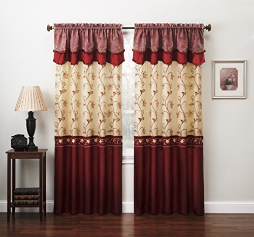 "Fancy Collection Embroidery Curtain Set 2 Panel Drapes with Backing & Valance (110""x 84"", Burgundy)"