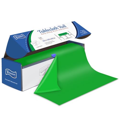 Vrisssot Plastic Table Cover Roll Disposable Tablecloth: 54in X 120ft Table Covers Plastic Table Cover Roll with Easy Slide Cutter Plastic Table Cloths for Parties Disposable-Green